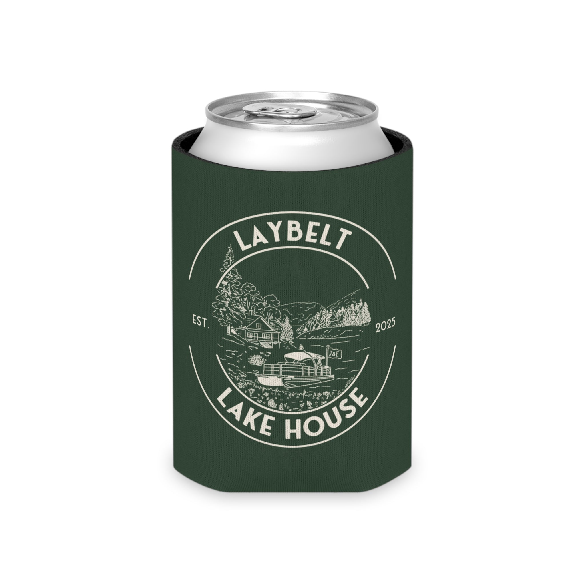 Personalized Lake House Bach Green Can Cooler (2 sizes)