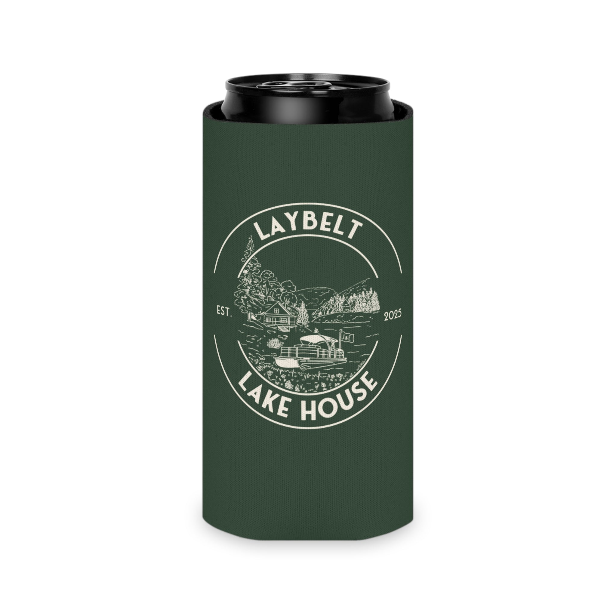 Personalized Lake House Bach Green Can Cooler (2 sizes)